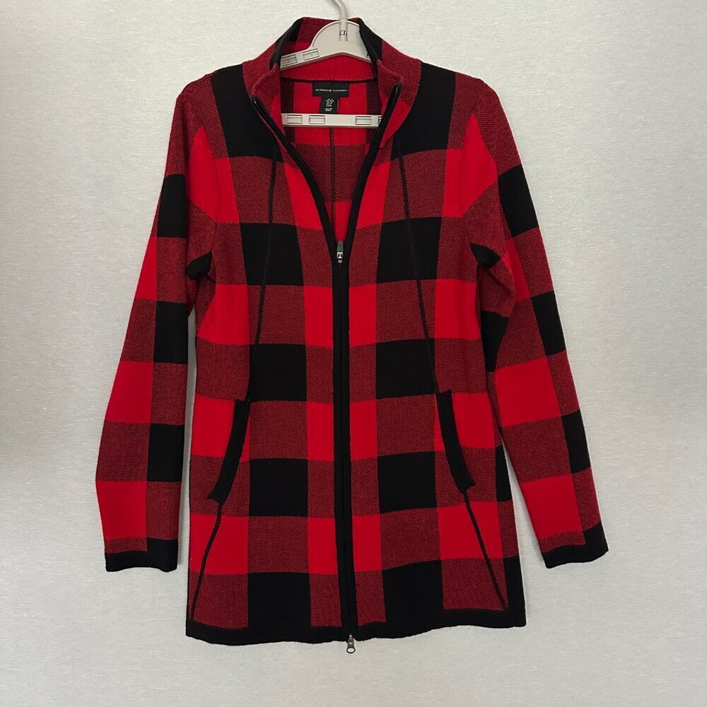 ADRIANNE VITTANDINI RED AND BLACK BUFFALO PLAID ZIP SWEATER JACKET, SIZE M